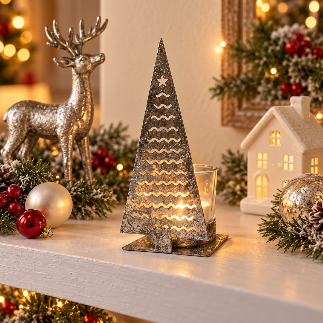 Christmas Tree with Sqiggles Tea Light Holder Silver