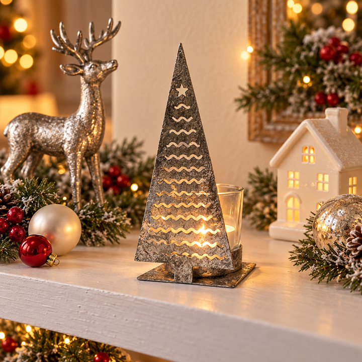 Christmas Tree with Sqiggles Tea Light Holder Silver