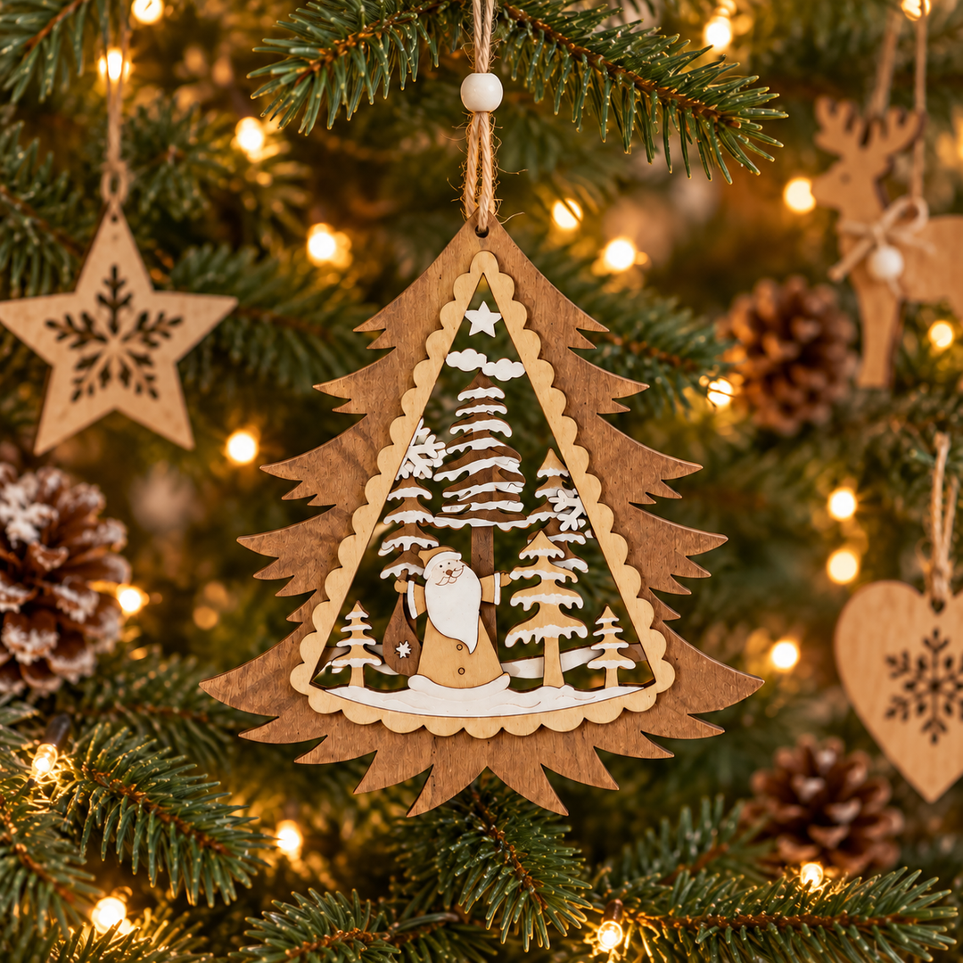 Santa & Trees in Brown Tree Outline Hanger Country Christmas