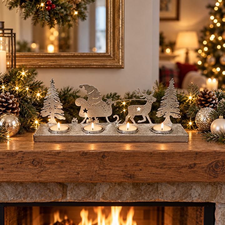 Long Santa & Deer Tea Light Holder Silver