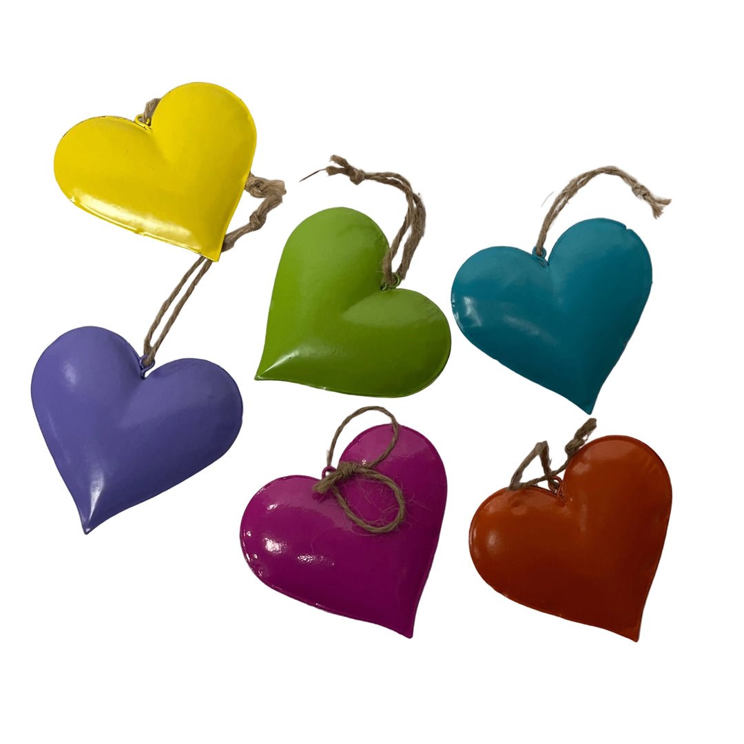 Set Of 6 Colourful Small Metal Hanging Hearts