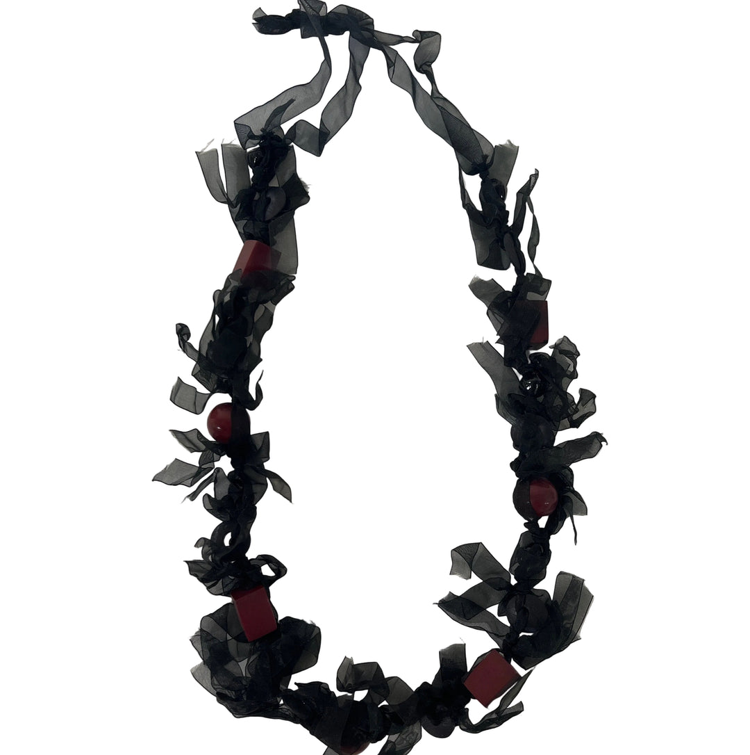 Handmade Ribbon Beaded Necklace Red