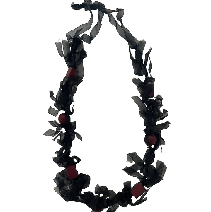 Handmade Ribbon Beaded Necklace Red