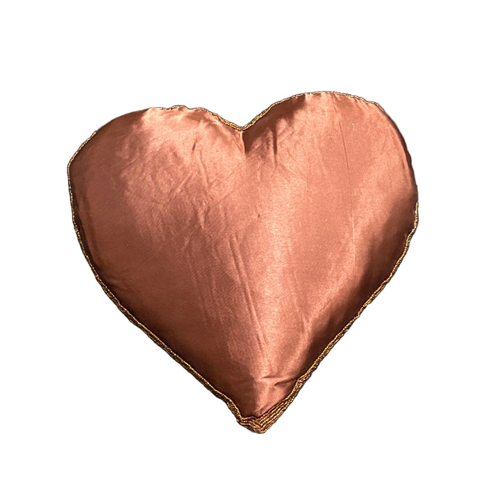 Large Beaded Heart Cushion in Brown