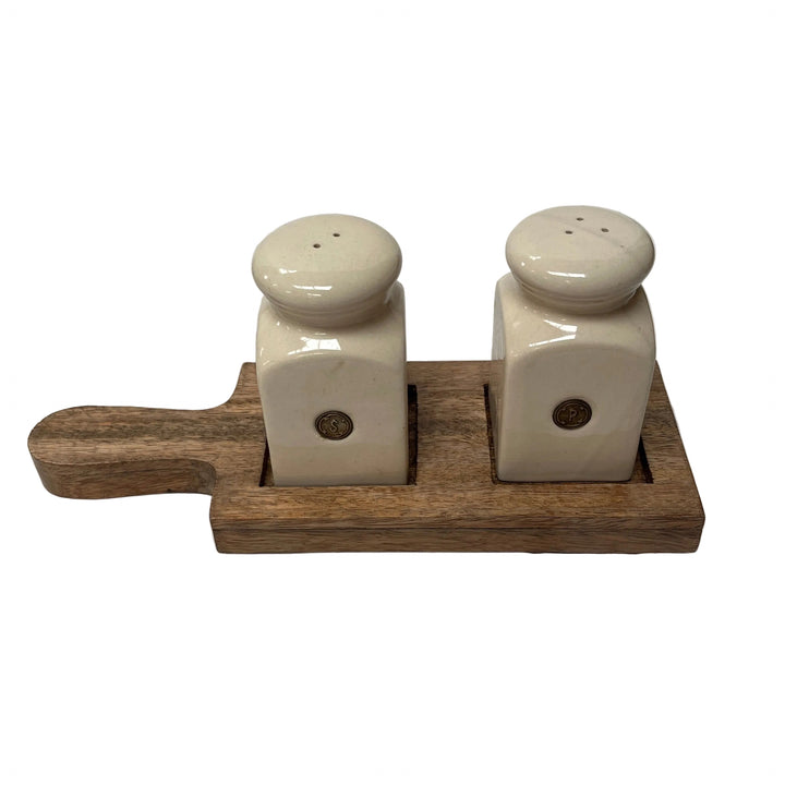 Salt & Pepper Pots on Wooden Board