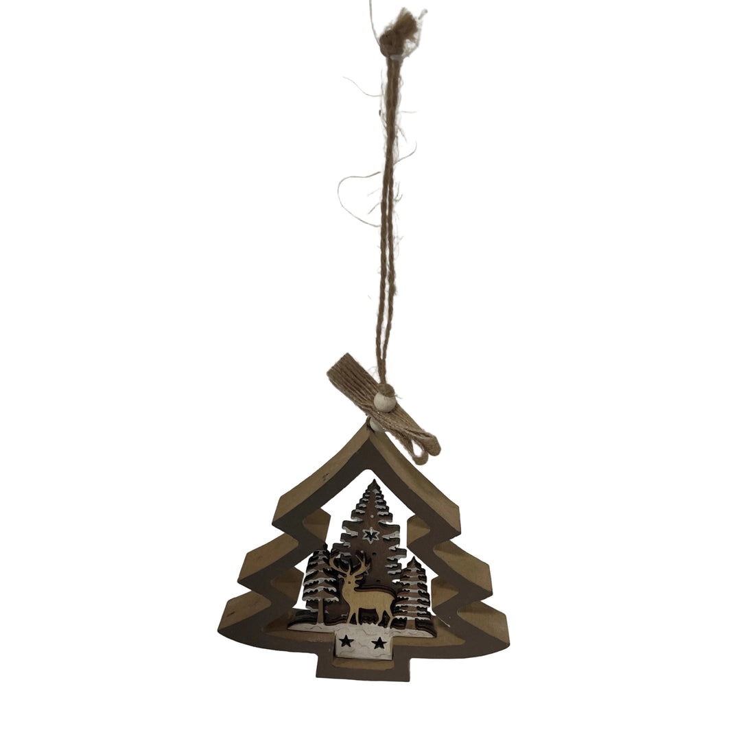 Small Reindeer & Trees in Brown Tree Outline Hanger Country Christmas