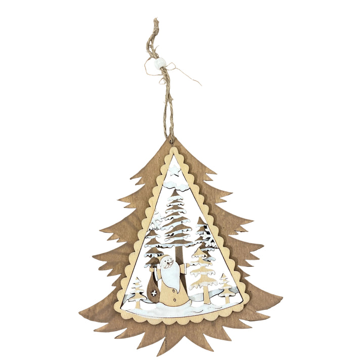 Santa & Trees in Brown Tree Outline Hanger Country Christmas