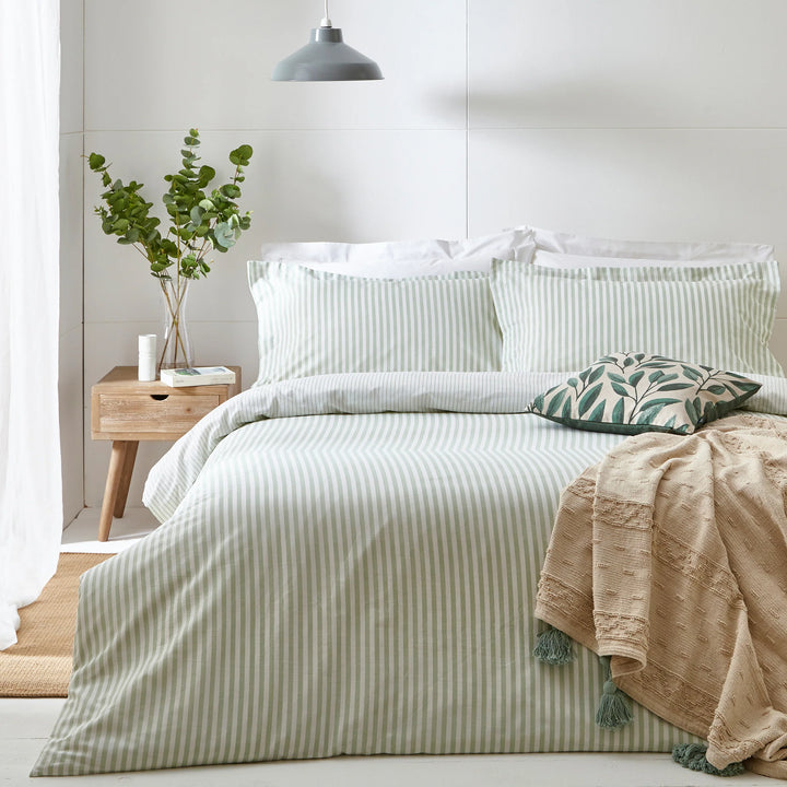 Hebden Mélange Stripe 100% Cotton Duvet Cover Set in Eucalyptus