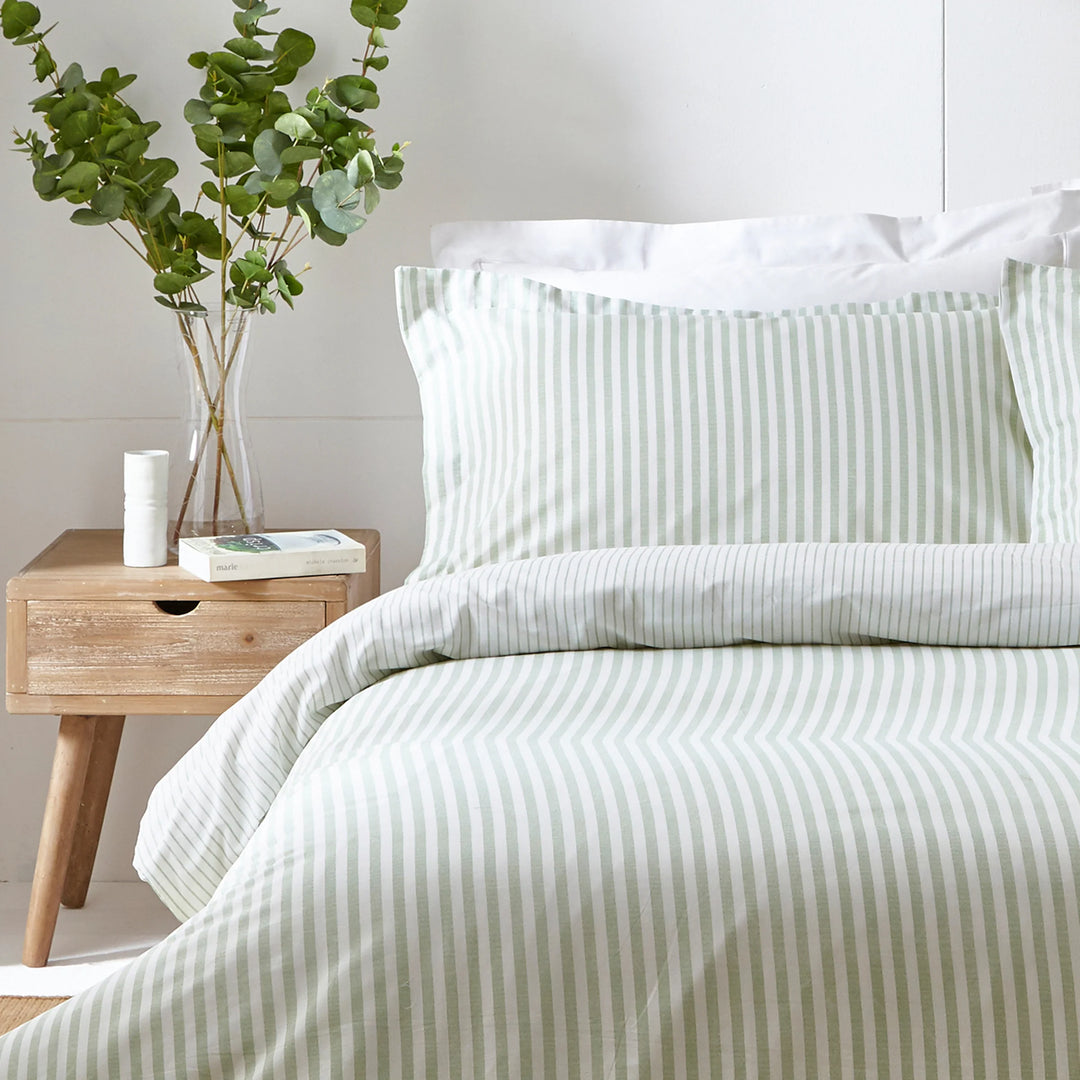 Hebden Mélange Stripe 100% Cotton Duvet Cover Set in Eucalyptus