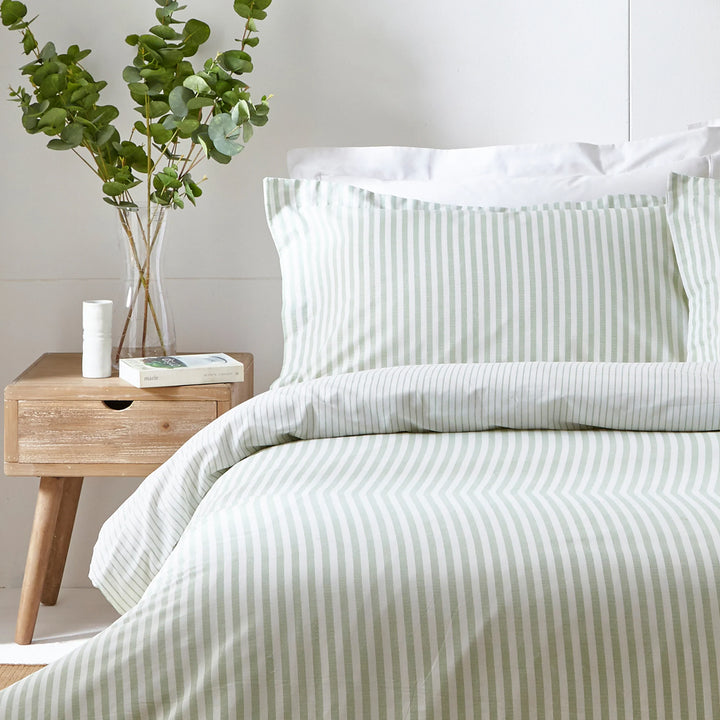 Hebden Mélange Stripe 100% Cotton Duvet Cover Set in Eucalyptus