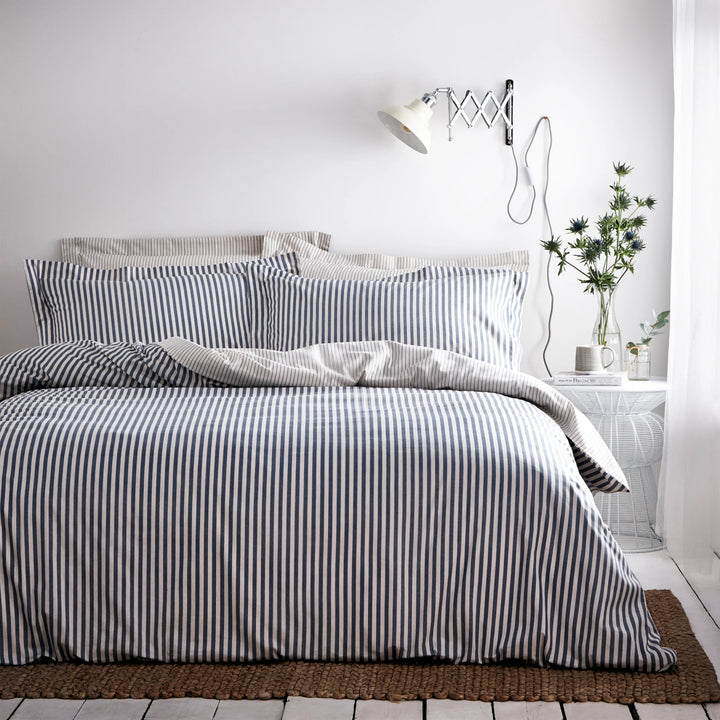 Hebden Mélange Stripe 100% Cotton Duvet Cover Set in Navy