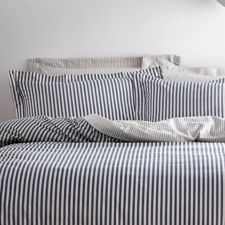 Hebden Mélange Stripe 100% Cotton Duvet Cover Set in Navy