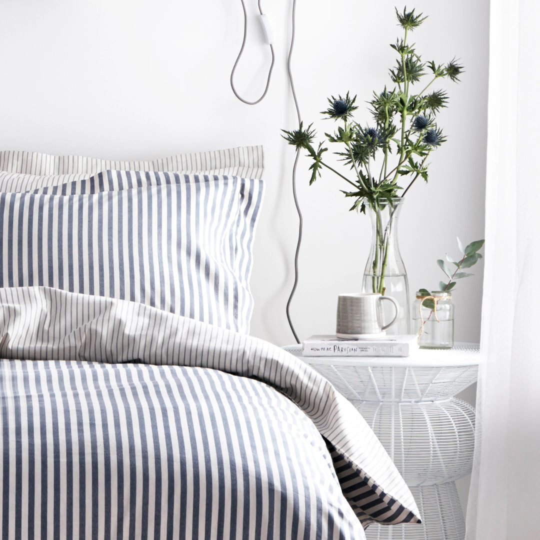 Hebden Mélange Stripe 100% Cotton Duvet Cover Set in Navy