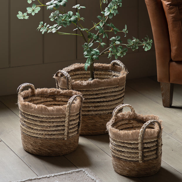 Fringed Woven Basket Stripe Set of 3