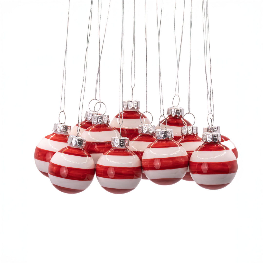 Mini Bauble Red & White Stripe Set Of 12