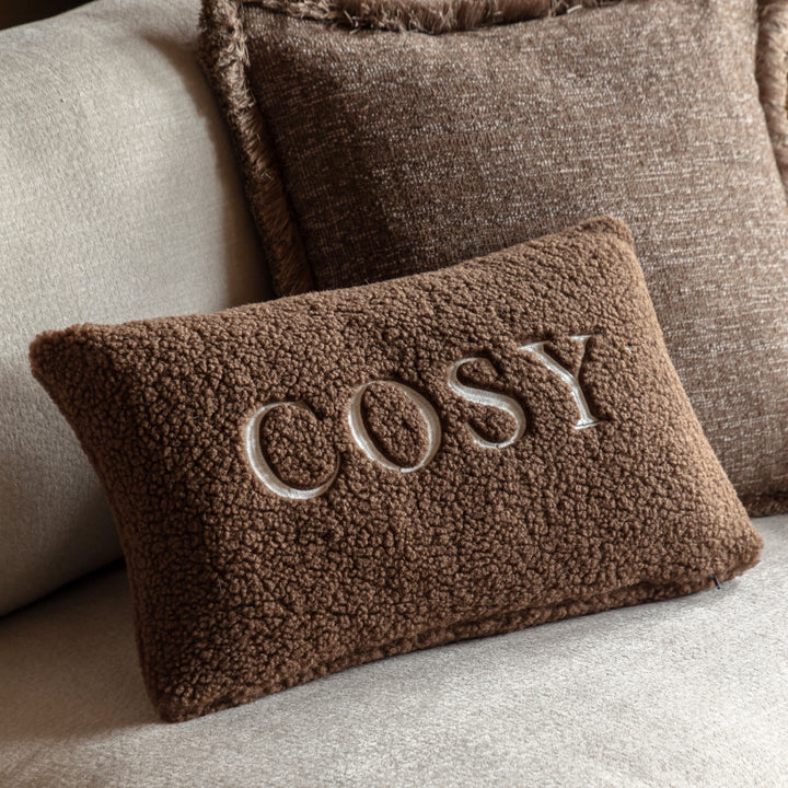 Cosy Embroidered Cushion Chocolate