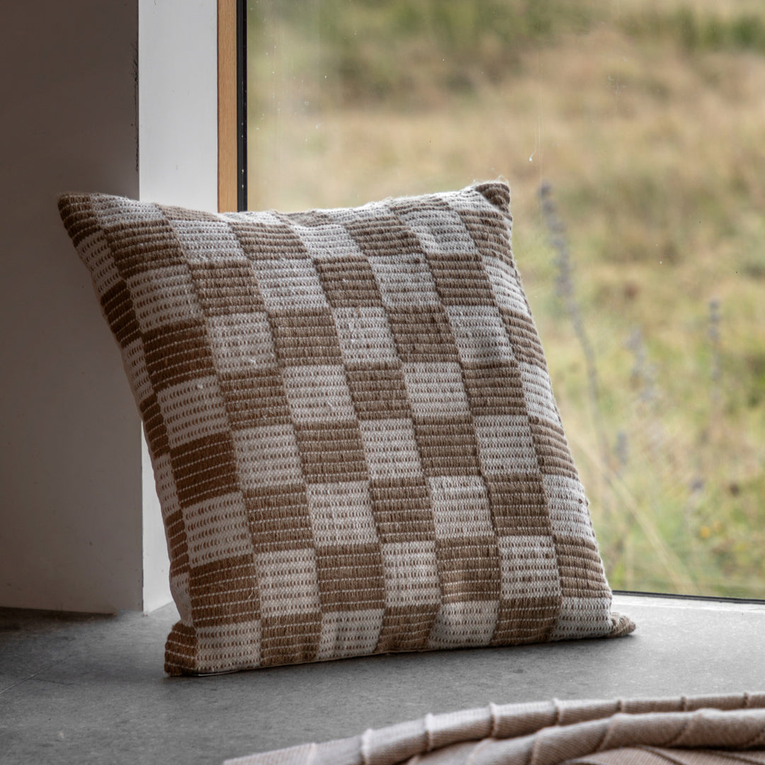 Winster Check Woven Cushion in Taupe