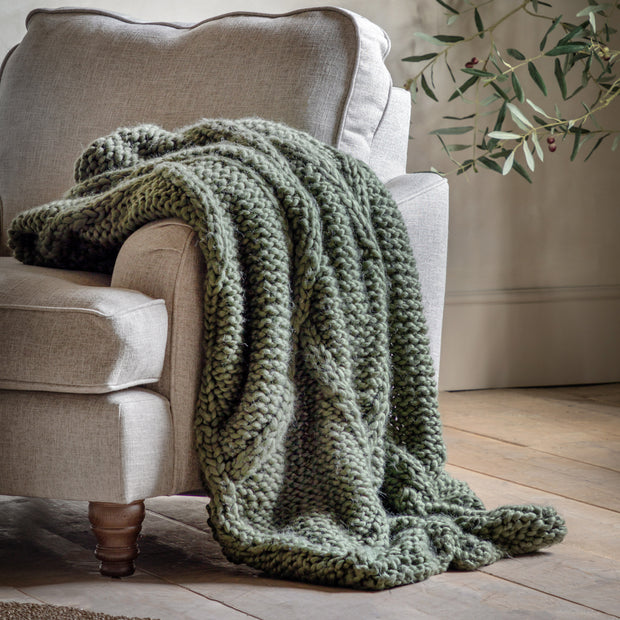 Cable Knit Diamond Throw In Dark Olive  PRE ORDER