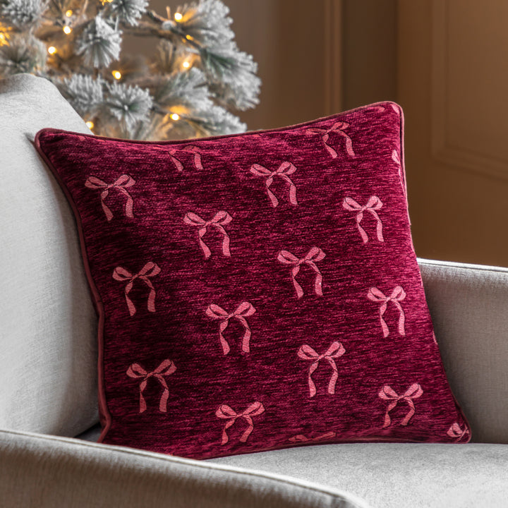 Heritage Bow Chenille Cushion Merlot
