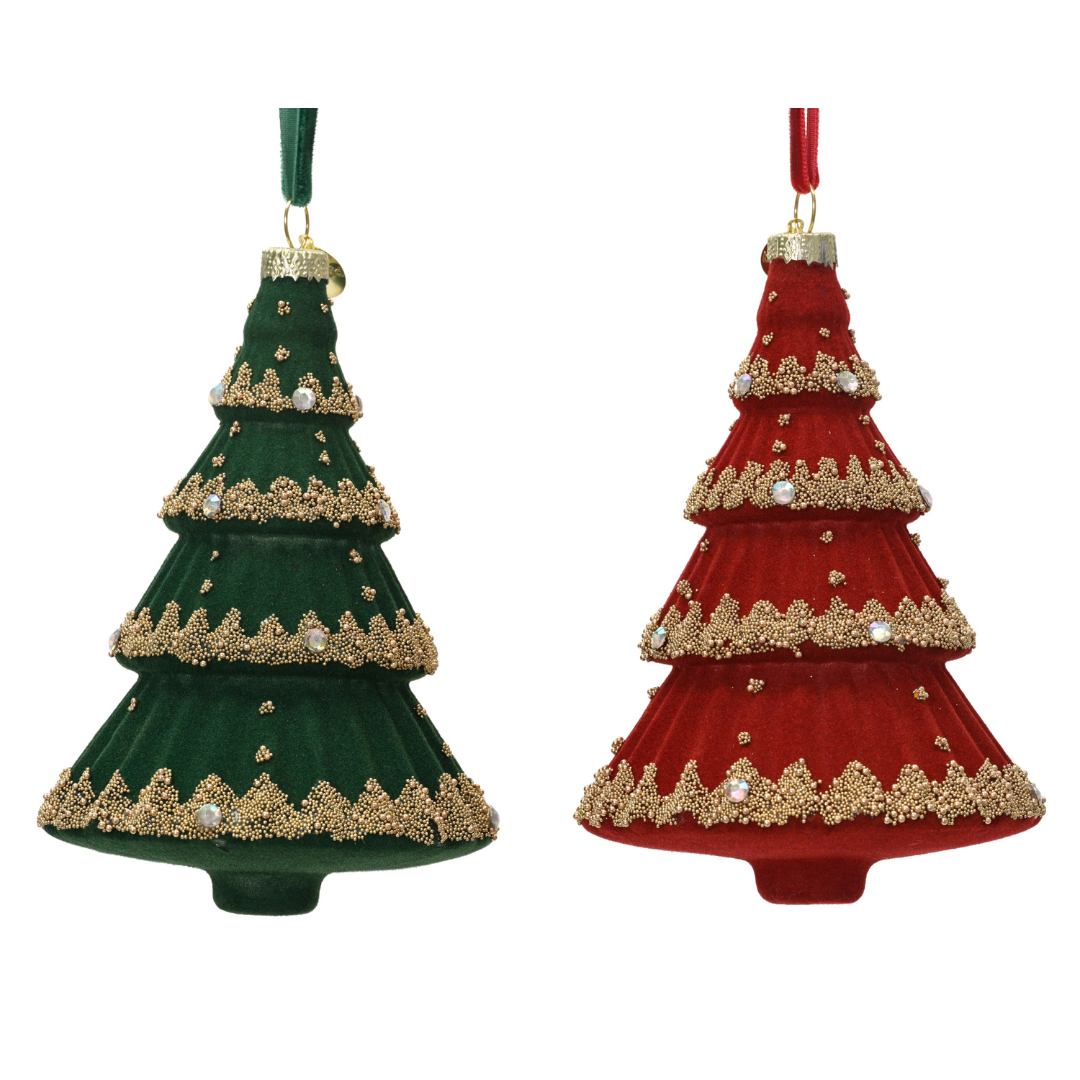Set of 2 Red & Green Glass Christmas Tree Ornaments