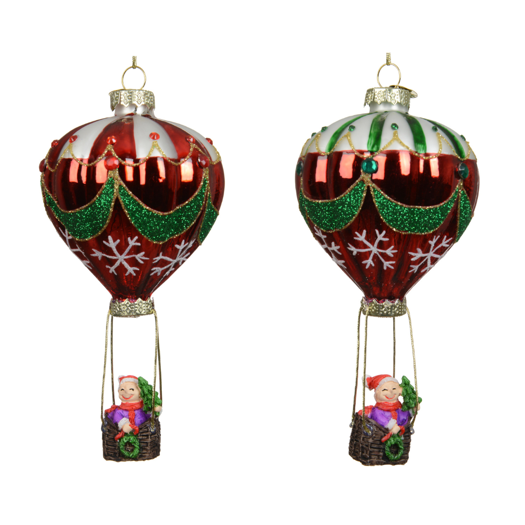 Set of 2 Festive Hot Air Balloon Glass Tree Decorations
