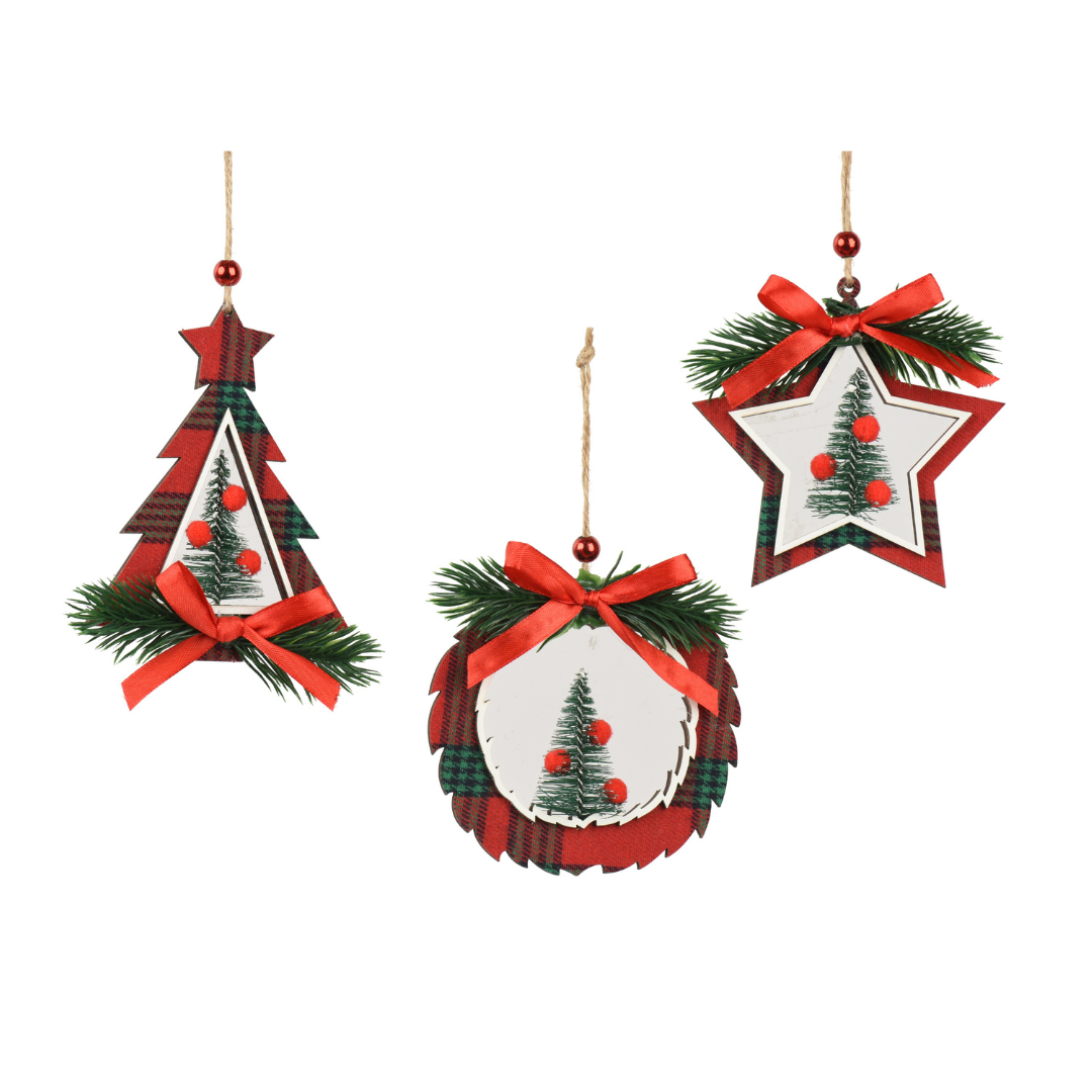 Set of 3 Plywood Christmas Tree & Bow Decorations