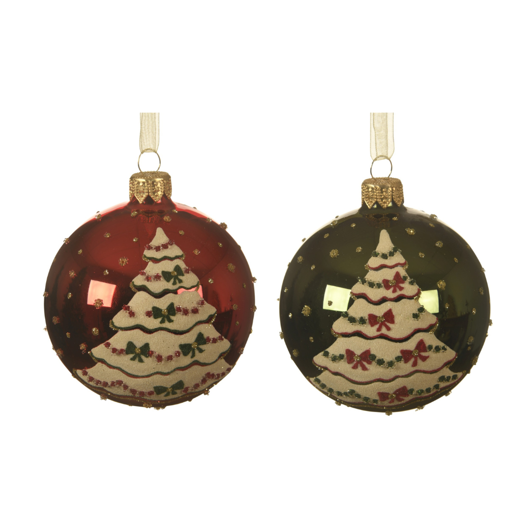 Set of 2 Red & Green Christmas Tree Glass Baubles