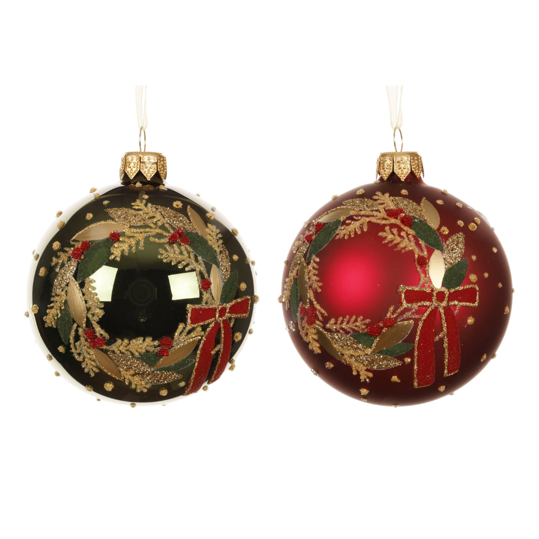 Set of 2 Festive Wreath Glass Baubles