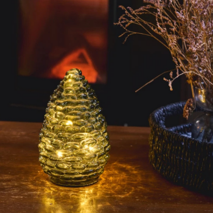 Small Glass LED Pinecone in Evergreen