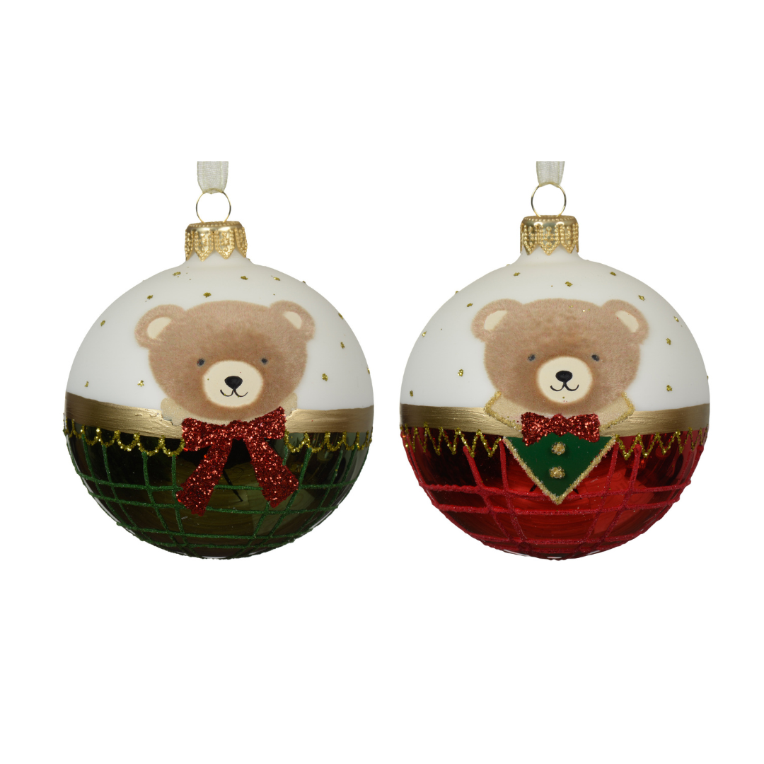 Set of 2 Glass Teddy Bear Christmas Baubles