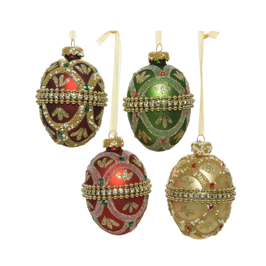 Set of 4 Gem Embellished Glass Egg Baubles