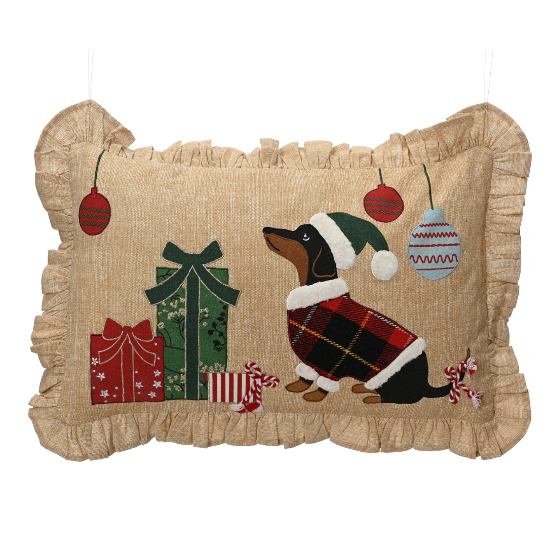 Embroidered Christmas Dachshund Cushion