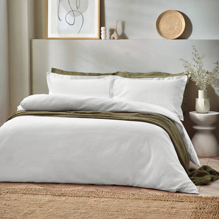 Waffle Textured 100% Cotton Duvet Cover Set in White