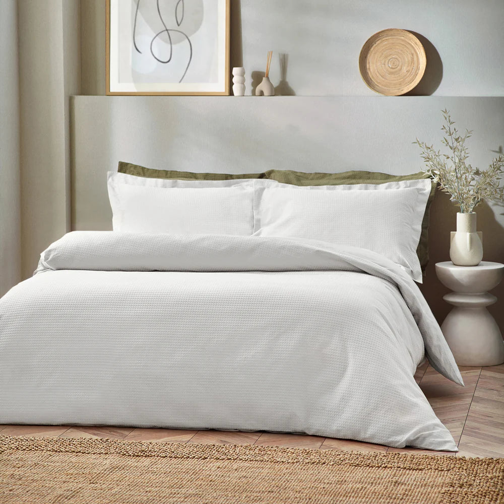 Waffle Textured 100% Cotton Duvet Cover Set in White