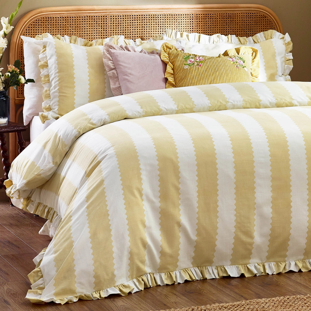 Birdie Stripe Ruffle Duvet Cover Set in Butter Yellow