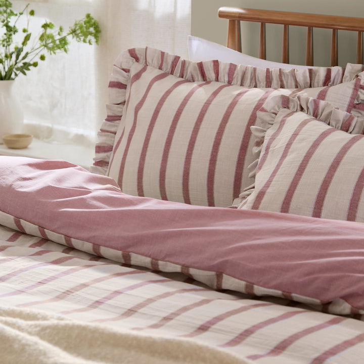 Connie Striped Ruffle Duvet Set in Clay Pink
