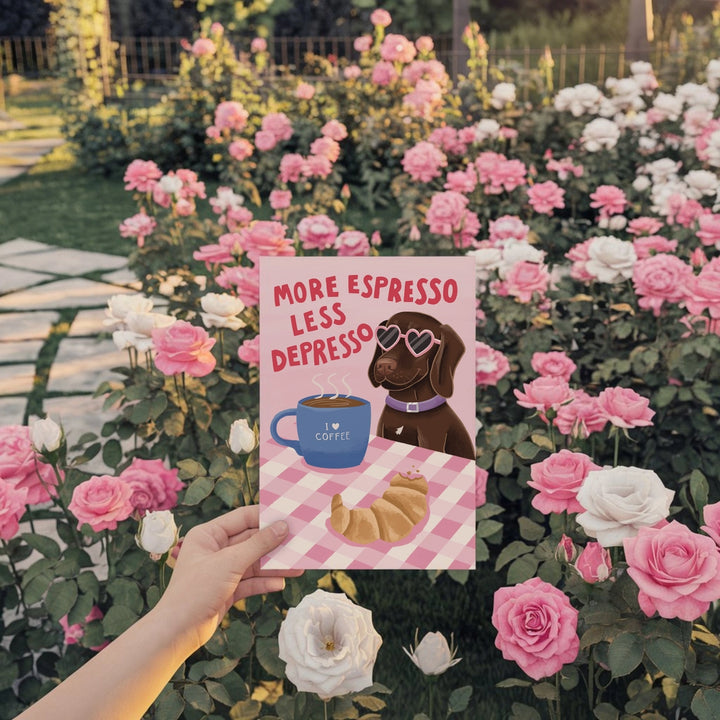 More Espresso Less Depresso Dog Print Pink