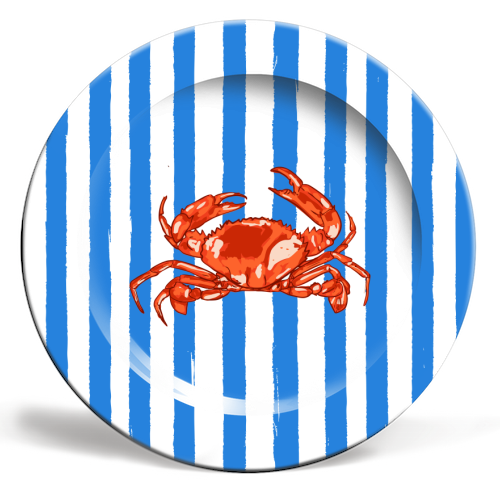Retro Blue Stripes Red Crab Plate