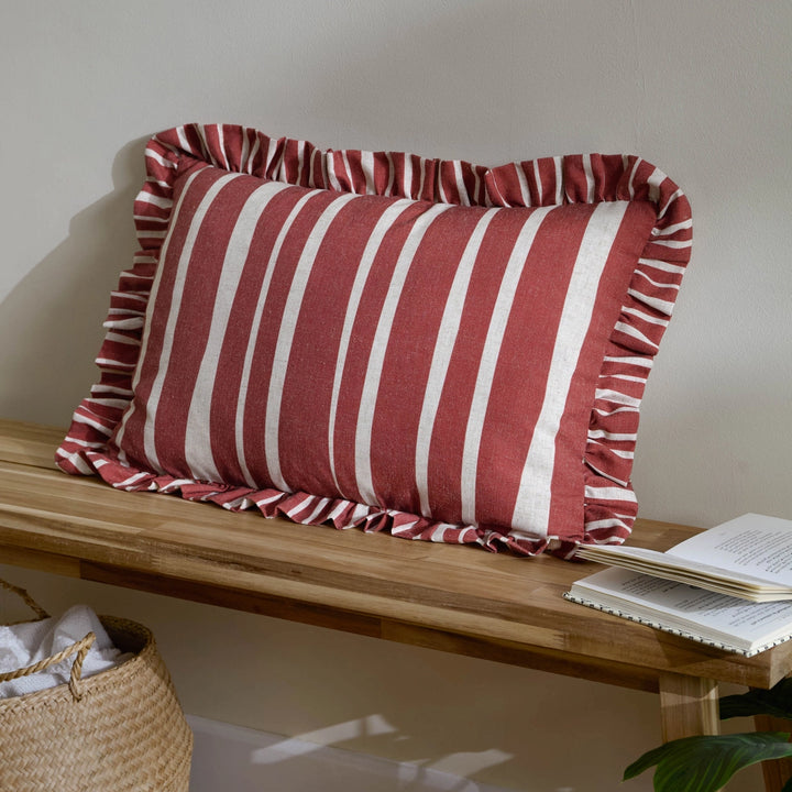 Carmon Stripe Ruffle Cushion in Linen/Red
