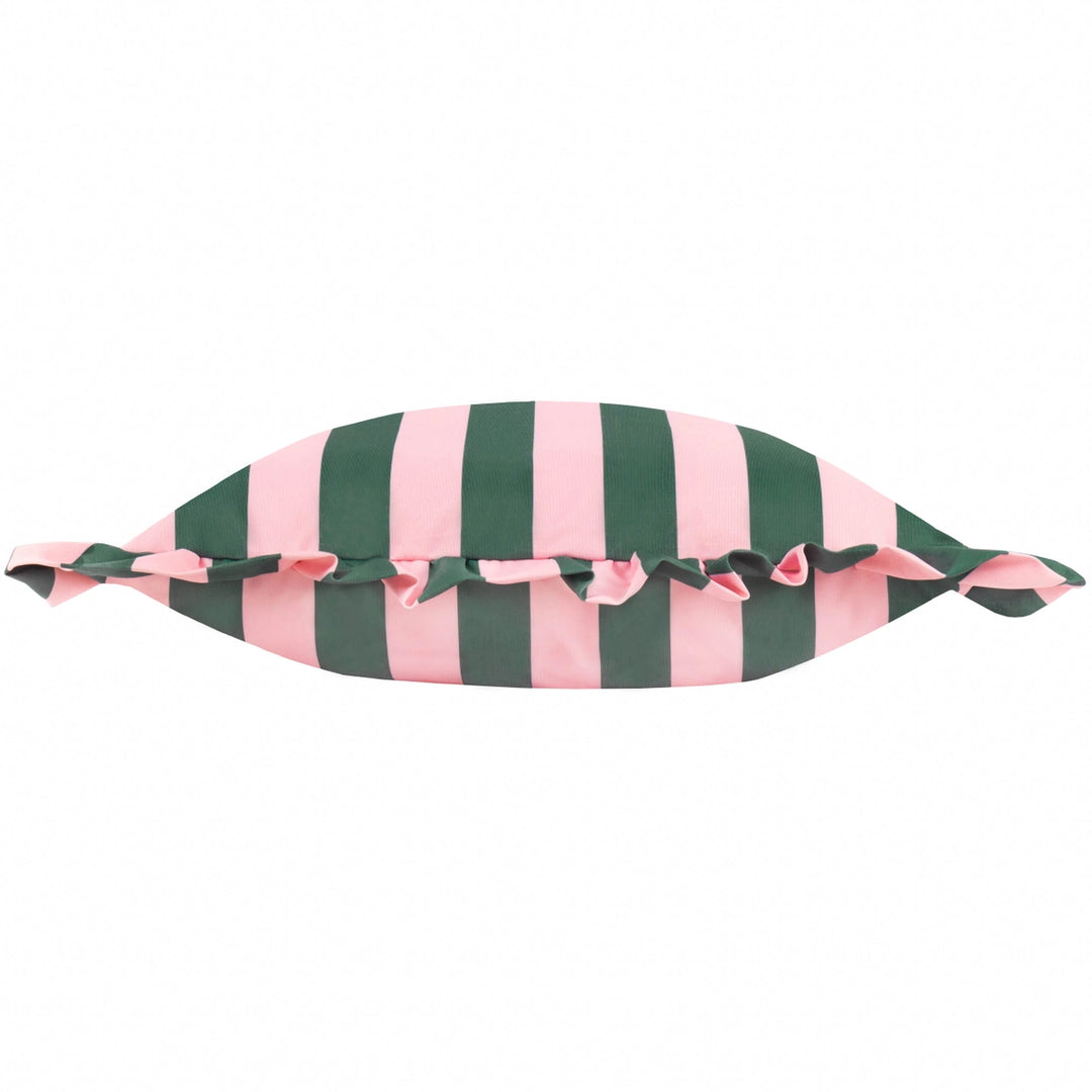 Palm Royale Stripe Ruffle Printed Outdoor Cushion in Pink/Green