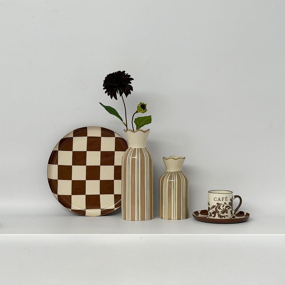 Beige Striped Ceramic Vase with Collar