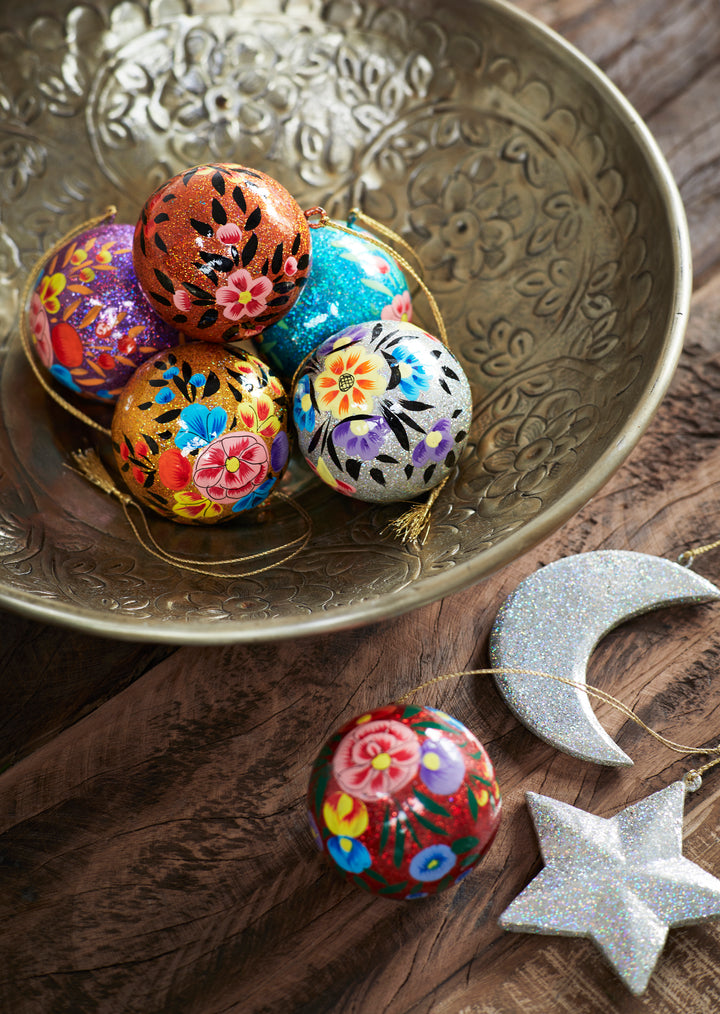 Handmade Papermache Christmas Baubles Set Of 6