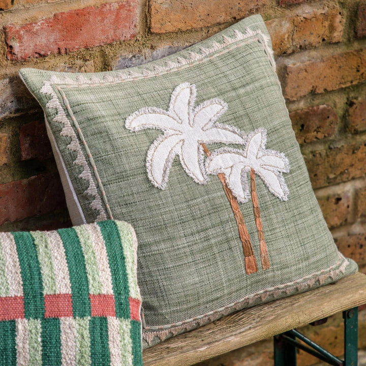Nohea Embroidered Palm Tree Cushion in Sage