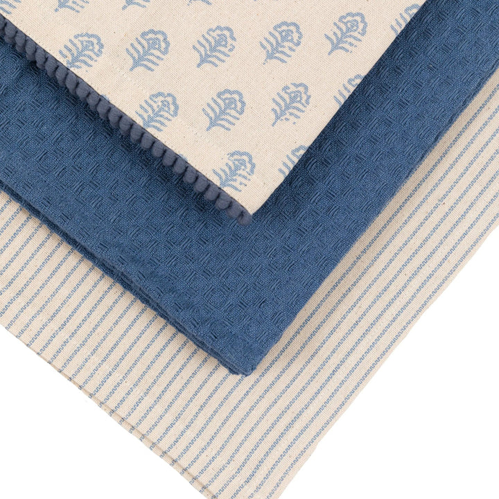 3 Pack Fleur Floral Stamp Tea Towels in Blue