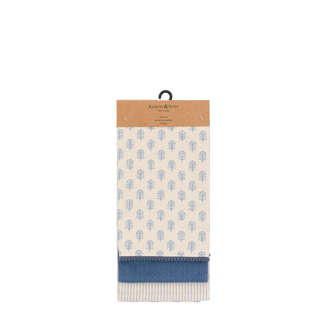 3 Pack Fleur Floral Stamp Tea Towels in Blue