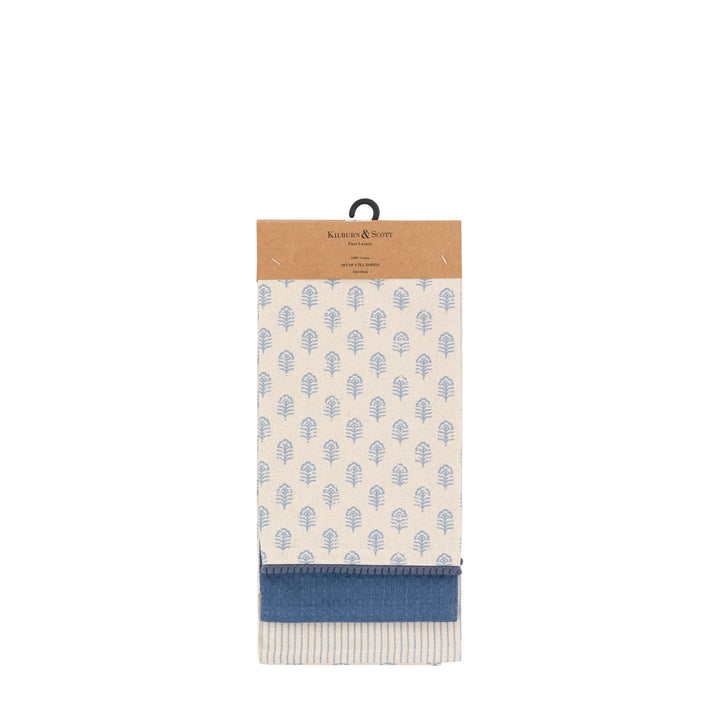 3 Pack Fleur Floral Stamp Tea Towels in Blue