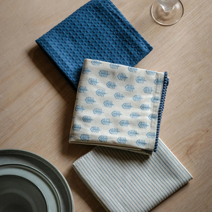 3 Pack Fleur Floral Stamp Tea Towels in Blue