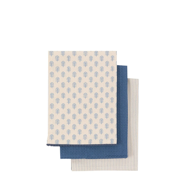 3 Pack Fleur Floral Stamp Tea Towels in Blue