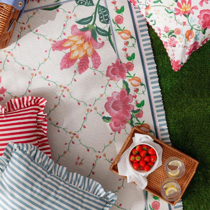 Millie Ruffle Striped Outdoor Cushion in Candy Red