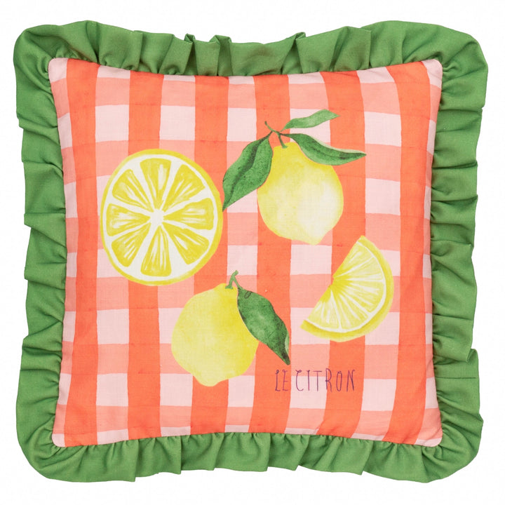 Gingham Citron Printed Ruffle Cushion